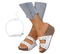 LDXEQIZ Summer Slippers With Pearl Women's Platform Wedge Heel Slippers Bridal Open Toe Slippers Retro PU Leather High Heels Large Size Slippers Elegant Evening Dress Shoes For Party(White,7.5 UK)