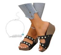 LDXEQIZ Summer Slippers With Pearl Women's Platform Wedge Heel Slippers Bridal Open Toe Slippers Retro PU Leather High Heels Large Size Slippers Elegant Evening Dress Shoes For Party(Black,5.5 UK)