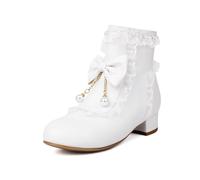 LDXEQIZ Sweet Ankle Boots With Bows Women's Lolita Booties With Pearl Winter Warm Plush Lined Snow Boots With Zip Student PU Leather Ankle Shoes With Low Heels(White,7 UK)