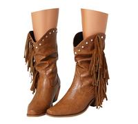 LDXEQIZ Traditional Boots With Heels Women's Vintage Western Cowboy Boots With Fringes,fashion PU Leather Booties With Rivets Wide Tube Pull-on Ankle Shoes For Outdoor, Party, Concert(Brown,5.5 UK)