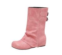 LDXEQIZ Traditional Wedge Boots For Women Retro Medieval Slip-on Boots PU Leather Biker Booties With Buckle, Round Toe Ankle Shoes For Party(Pink,5.5 UK)