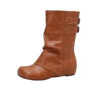 LDXEQIZ Traditional Wedge Boots For Women Retro Medieval Slip-on Boots PU Leather Biker Booties With Buckle, Round Toe Ankle Shoes For Party(Yellow,5.5 UK)
