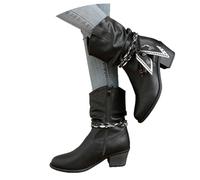 LDXEQIZ V-cut-out Booties Women's Vintage Western Cowboy Boots Comfortable Ankle Boots With Block Heels Wide Shaft Slip-on Booties PU Leather Ankle Shoes For Spring, Autumn(Black,7 UK)