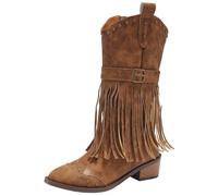 LDXEQIZ Vintage High Boots With Fringe + Rivet Women's Western Cowboy Booties With Zipper Pointed Toe Long Boots With Block Heel PU Leather Autumn Winter Shoes(Brown,5 UK)