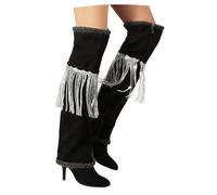 LDXEQIZ Vintage Overknee Boots With Fringes Women's High Heels Pointed Toe Long Boots Autumn Winter Suede Wide Shaft Slip-on Shoes Warm Plush Lined Stilettos For Party(5 UK)