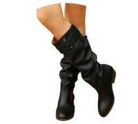 LDXEQIZ Vintage Pleated Knee-high Boots For Women PU Leather Wide Shaft Long Shaft Boots Plus Size Ridingboots With Metal Buckle Autumn/winter Slip-on Shoes With Low Heels(Black,6.5 UK)