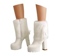 LDXEQIZ Warm Booties With Plush Collar Women's Short Boots With Heels Elegant Ankle Boots With Bows Plush Lined Snowboots 11 Cm High Heels Platform Ankle Shoes For Party(White,4 UK)