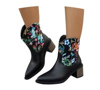 LDXEQIZ Western Cowboy Boots Women's Booties With Floral Embroidery Lined Ankle Boots With Block Heel PU Leather Pointed Toe Biker Booties Vintage Wide Shaft Slip-on Shoes(Black,6.5 UK)