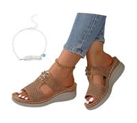 LDXEQIZ Wide Feet Slippers Women's Orthopedic Sandals With Flowers Platform Wedge Heel Slippers PU Leather Slippers With Arch Support Summer Open Toe Walking Shoes(Brown,4 UK)