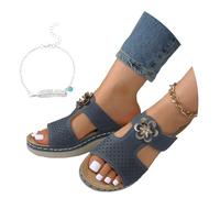 LDXEQIZ Wide Feet Slippers Women's Orthopedic Sandals With Flowers Platform Wedge Heel Slippers PU Leather Slippers With Arch Support Summer Open Toe Walking Shoes(Blue,4.5 UK)