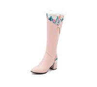 LDXEQIZ Winter High Boots With Block Heel Women's Elegant Long Shaft Boots With Floral Pattern Warm Lined Snowboots With Plush Lapels PU Leather Ridingboots,Plus Size Cotton Shoes(Pink,4.5 UK)