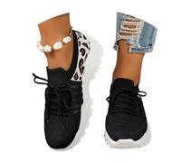 LDXEQIZ Women Lace-Up Sneakers 2025 Spring Summer Knit Mesh Breathable Sports Shoes Leopard Print Walking Shoes Lightweight Platform Running Shoes Casual Sneakers(Black,6.5 UK)