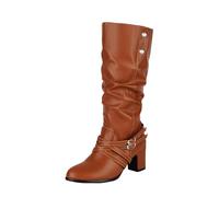 LDXEQIZ Women Slip-on Wide Shaft Ankle Boots With Block Heel PU Leather Half Shaft Boots With Double Buckles Autumn Winter Warm High Heels For Party(Brown,6 UK)
