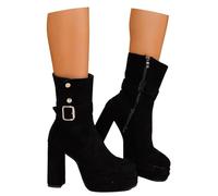 LDXEQIZ Women's Chelsea Ankle Boots Retro Suede High Heels Platform Short Boots With Zipper Classic Platform Autumn Winter Biker Booties Non-Slip Warm Ankle Shoes(Black,6.5 UK)
