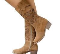 LDXEQIZ Women's Cowboy Boots Vintage Suede Mid-Calf Boots Floral Cutout Ankle Boots With Block Heel Riding Boots With Side Zipper(Brown,6.5 UK)