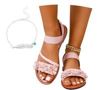 LDXEQIZ Women's Flat Sandals 2025 New Elegant Sandals With Flowers Casual Open Toe Roman Sandals With Elastic Band Lightweight PU Leather Summer Shoes For Vacation/Beach(Pink,5 UK)