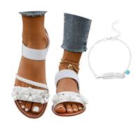 LDXEQIZ Women's Flat Sandals 2025 New Elegant Sandals With Flowers Casual Open Toe Roman Sandals With Elastic Band Lightweight PU Leather Summer Shoes For Vacation/Beach(White,4.5 UK)