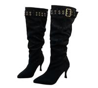 LDXEQIZ Women's High Heels Knee High Boots Fashion Pointed Toe Long Boots Wide Shaft Slip-on Shoes With Buckle Autumn Winter Suede Stilettos For Party(Black,7.5 UK)