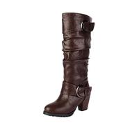 LDXEQIZ Women's Knee High Boots With Double Buckle PU Leather Long Shaft Boots With Block Heel Wide Shaft Slip-On Shoes Women Autumn Winter High Heels, 36-43EU(Brown,4.5 UK)