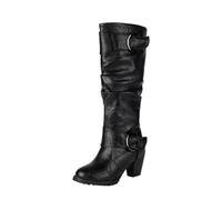 LDXEQIZ Women's Knee High Boots With Double Buckle PU Leather Long Shaft Boots With Block Heel Wide Shaft Slip-On Shoes Women Autumn Winter High Heels, 36-43EU(Black,6 UK)