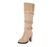 LDXEQIZ Women's Knee High Boots With Side Zipper Classic Long Boots With Buckle Autumn Winter Booties With Block Heel Suede High Heels For Bride(Beige,6 UK)