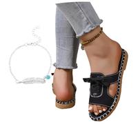 LDXEQIZ Women's Large Size Slippers 2025 New Lace-up Sandals Casual Slippers For Outdoor PU Leather Open Toe Slippers Lightweight Flat Summer Shoes For Pool/Beach(Black,6 UK)