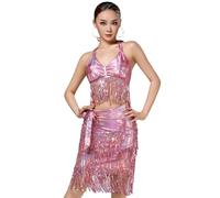 LDXEQIZ Women's Latin Dance Dress with Fringes Adult Sequins Skirt for Salsa, Tango, Cha Cha, Rumba, Professional Dance Skirts for Training Competition, Belly Dance Hip Scarf(Pink)
