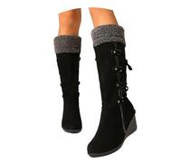 LDXEQIZ Women's Long Boots With Wedge Heel Winter Warm Suede Snow Boots With Plush Collar Vintage Lace-upboots With Fringes For Outdoor/Travel(6 UK)
