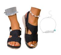 LDXEQIZ Women's Orthopedic Sandals Comfort Wide Feet Sandals For Walking Vintage Platform Wedge Heel Sandals With Prints, PU Leather Open Toe Summer Shoes With Arch Support(Black,5 UK)