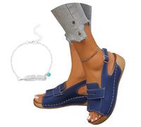 LDXEQIZ Women's Orthopedic Sandals Rubber Platform Flip-Flops With Arch Support PU Leather Wedge Sandals With Buckle Comfortable Soft Soles Summer Shoes For Outdoor(Blue,4.5 UK)