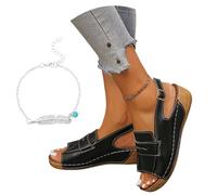 LDXEQIZ Women's Orthopedic Sandals Rubber Platform Flip-Flops With Arch Support PU Leather Wedge Sandals With Buckle Comfortable Soft Soles Summer Shoes For Outdoor(Black,4 UK)