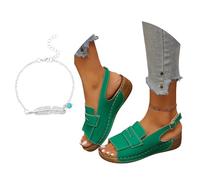 LDXEQIZ Women's Orthopedic Sandals Rubber Platform Flip-Flops With Arch Support PU Leather Wedge Sandals With Buckle Comfortable Soft Soles Summer Shoes For Outdoor(Green,7.5 UK)