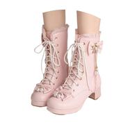 LDXEQIZ Women's Platform Ankle Boots With Block Heel 2024 New Ankle Boots With Bow + Ruffle Elegant Short Boots With Pearl + Rhinestone PU Leather Lace-up Biker Booties Casual Ankle Shoes(Pink,5 UK)