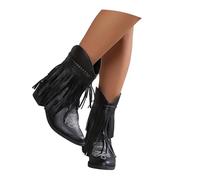 LDXEQIZ Women's Plus Size Ankle Boots Pointed Toe Booties With Fringes Retro Western Cowboy Boots 2025 New PU Leather Booties With Block Heel Casual Ankle Shoes For Concert(Black,6.5 UK)