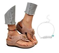 LDXEQIZ Women's Retro Flip Flops With Flowers Comfortable Orthopedic Toe Separator Sandals 2026 Summer PU Leather Clip-Toe Slippers Wide Feet Sandals With Arch Support(Pink,4 UK)