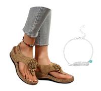 LDXEQIZ Women's Retro Flip Flops With Flowers Comfortable Orthopedic Toe Separator Sandals 2026 Summer PU Leather Clip-Toe Slippers Wide Feet Sandals With Arch Support(Brown,4.5 UK)