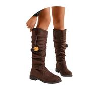 LDXEQIZ Women's Retro Western Cowboy Boots Suede Long Shaftboots With Block Heel Plus Size Riding Boots Wide Shaft Slip-on Shoes(Brown,6 UK)