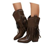 LDXEQIZ Women's Retro Western Cowboy Boots With Fringe PU Leather Ankle Boots With Block Heel Pointed Toe Booties With rivets Casual Ankle Shoes For Outdoors, Parties, Concerts(5.5 UK)