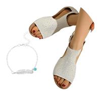 LDXEQIZ Women's Shiny Sandals With Rhinestones Summer Breathable Knit Mesh Sandals Retro Roman Sandals With Zipper Elegant Open Toe Evening Shoes With Wedge Heel(Beige,5.5 UK)