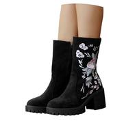 LDXEQIZ Women's Short Boots With Block Heel Vintage Suede Ankle Boots With Floral Embroidery Platform Booties With Zipper Autumn Winter Elegant High Heels(Black,6.5 UK)