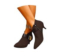 LDXEQIZ Women's Short Boots With Heels Pointed Toe Ankle Boots With Metal Buckle Retro Suede Booties With Zipper Large Size Ankle Shoes Elegant High Heels For Party, Office(Brown,4 UK)