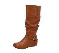 LDXEQIZ Women's Traditional Long Shaft Boots With Metal Buckle Retro Medieval Slip-on Booties Round Toe Riding Boots PU Leather Waterproof Snow Boots For Winter(Yellow,5.5 UK)