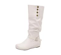 LDXEQIZ Women's Traditional Long Shaft Boots With Metal Buckle Retro Medieval Slip-on Booties Round Toe Riding Boots PU Leather Waterproof Snow Boots For Winter(White,4.5 UK)