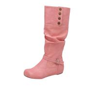 LDXEQIZ Women's Traditional Long Shaft Boots With Metal Buckle Retro Medieval Slip-on Booties Round Toe Riding Boots PU Leather Waterproof Snow Boots For Winter(Pink,5 UK)