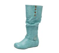LDXEQIZ Women's Traditional Long Shaft Boots With Metal Buckle Retro Medieval Slip-on Booties Round Toe Riding Boots PU Leather Waterproof Snow Boots For Winter(Green,7 UK)
