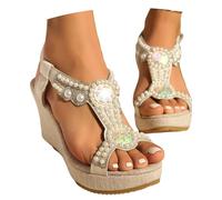 LDXEQIZ Women's Wedge Heel Sandals Elegant High Heels With Pearls 2025 Summer Bohemian Sandals Open Toe Slingback Sandals Platform Evening Dress Shoes For Weddings(5.5 UK)