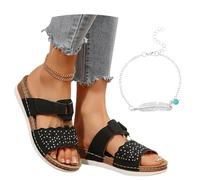 LDXEQIZ Women's Wedge Heel Sandals PU Leather Large Size Slippers Bridal Slippers With Rhinestone Summer Open Toe Wide Feet Slippers Elegant Slingback High Heels For Party(Black,6.5 UK)