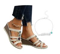 LDXEQIZ Women's Wedge Heel Slippers Vintage Boho Sandals With Pearls 2025 New Open Toe Slingback Slippers Summer Platform Evening Shoes For Party,Large Size Slippers(6 UK)