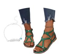 LDXEQIZ Women's Wide Feet Sandals Vintage Roman Sandals With Zipper 2025 New PU Leather Hollow Sandals Student Lightweight Summer Shoes Boho Flat Sandals, 36-43(Green,6.5 UK)