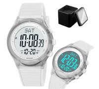 LDZDGD Digital LED Watch for Men and Women, 50M Waterproof Minimalist Sports Watch with Dual Time, Stopwatch, Countdown Timer, Backlight, 12/24 Hour Format, Silicone Strap(White)
